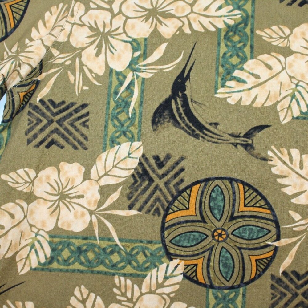 Toucan Dance Large Hibiscus Marlin Tapa Island Pattern Hawaiian Aloha Shirt Tiki - Picture 7 of 11